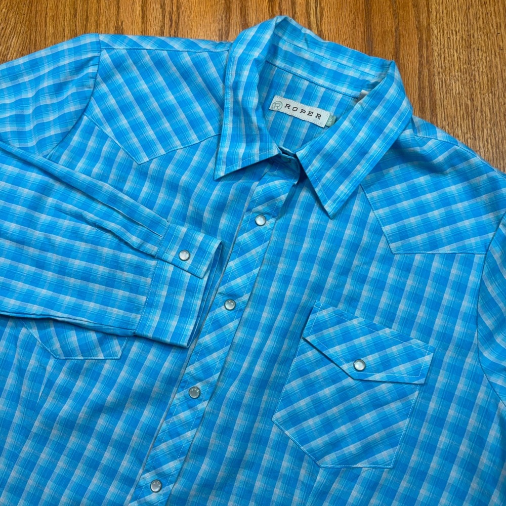 Roper Western Shirt Mens 2X Blue Plaid Pearl Snap Long Sleeve Cotton Blend